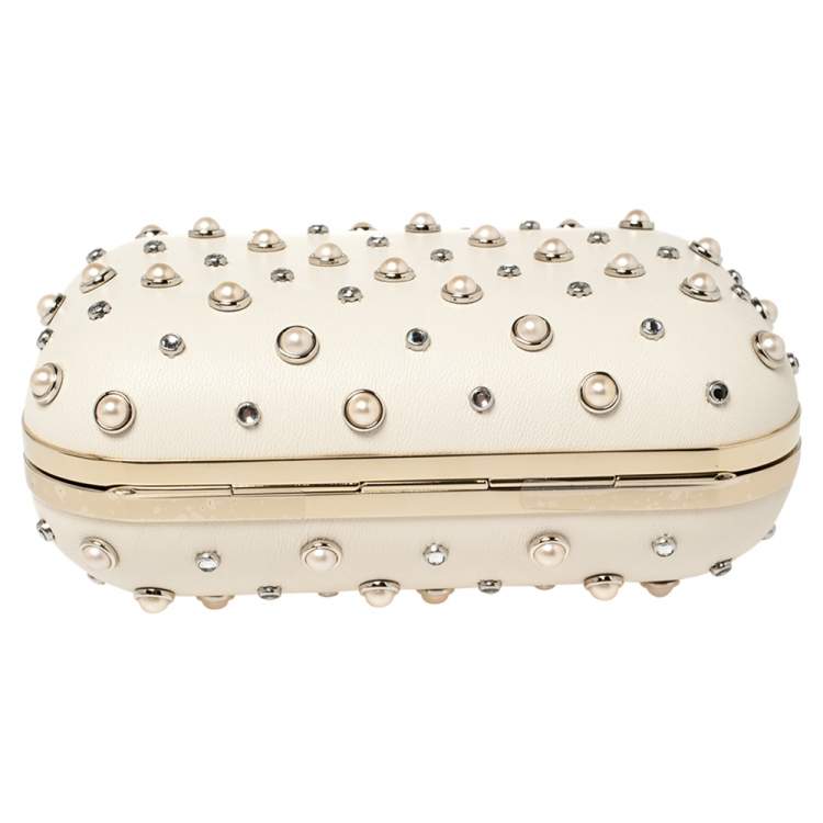 Pre Owned Jimmy Choo Cream Leather Pearl Mix Ball Clasp Cloud Clutch