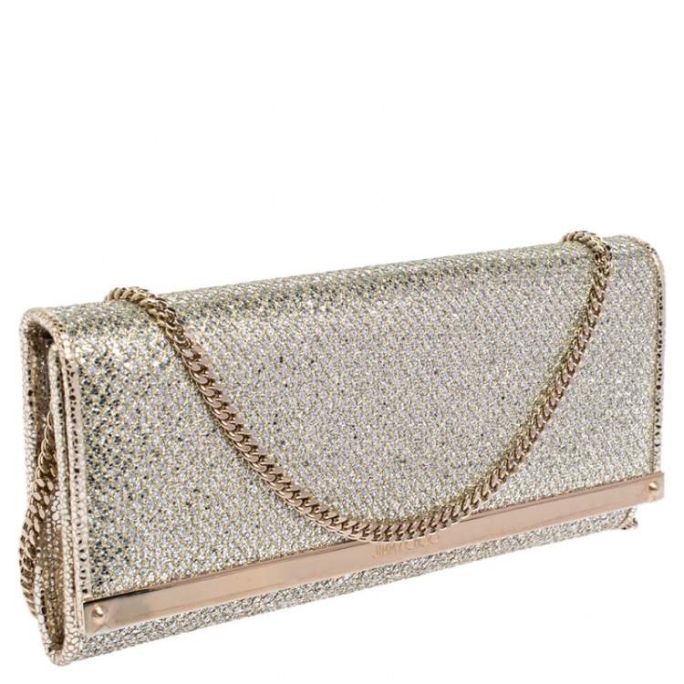 Pre Owned Jimmy Choo Silver Glitter Fabric Milla Chain Clutch