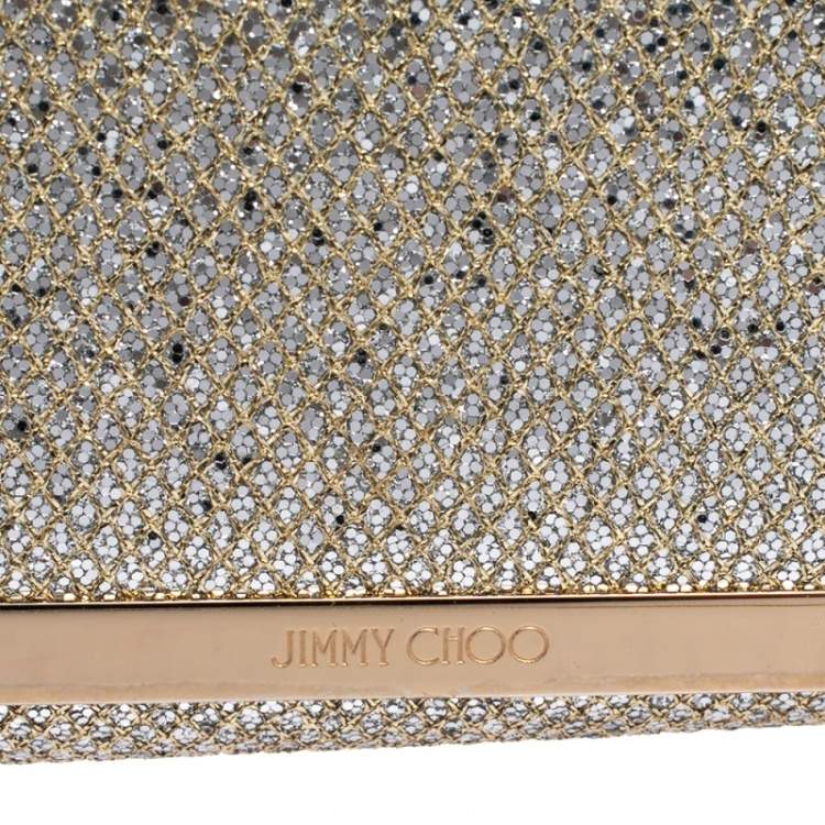 Pre Owned Jimmy Choo Silver Glitter Fabric Milla Chain Clutch