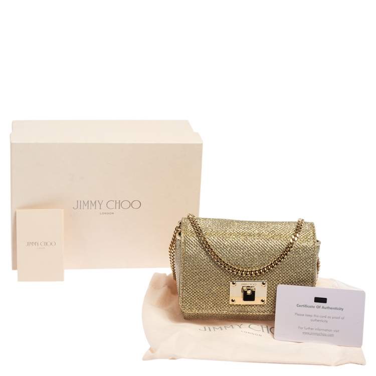 Pre Owned Jimmy Choo Gold Lame Glitter Fabric Ruby Chain Clutch