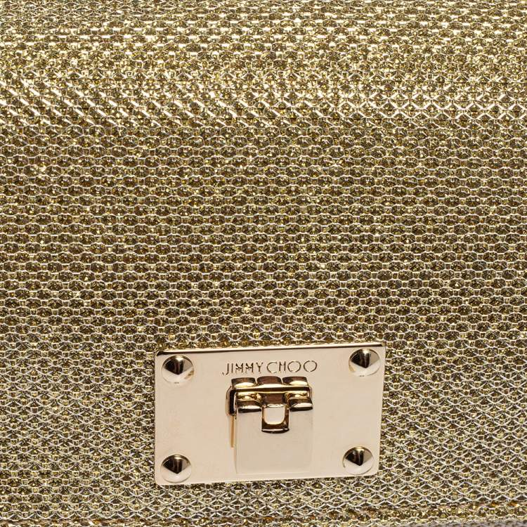 Pre Owned Jimmy Choo Gold Lame Glitter Fabric Ruby Chain Clutch