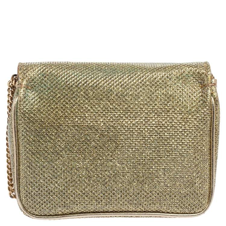Pre Owned Jimmy Choo Gold Lame Glitter Fabric Ruby Chain Clutch