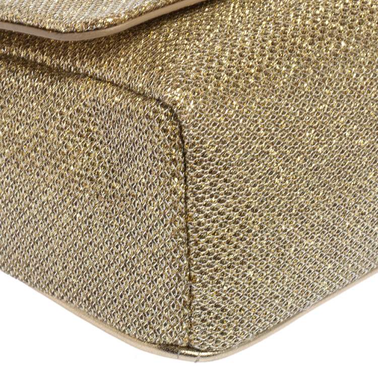 Pre Owned Jimmy Choo Gold Lame Glitter Fabric Ruby Chain Clutch