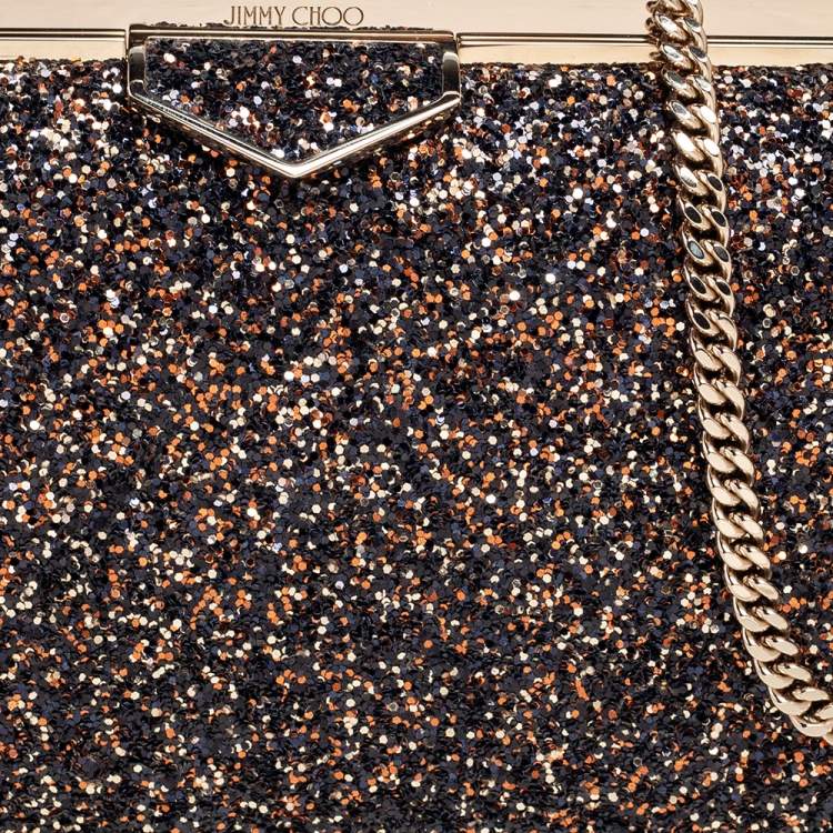 مملوكة مسبقًا Jimmy Choo Gold/Black Coarse Glitter Ellipse Chain Clutch 