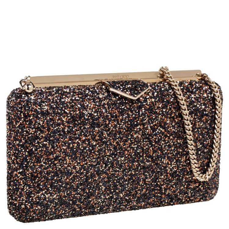 مملوكة مسبقًا Jimmy Choo Gold/Black Coarse Glitter Ellipse Chain Clutch 