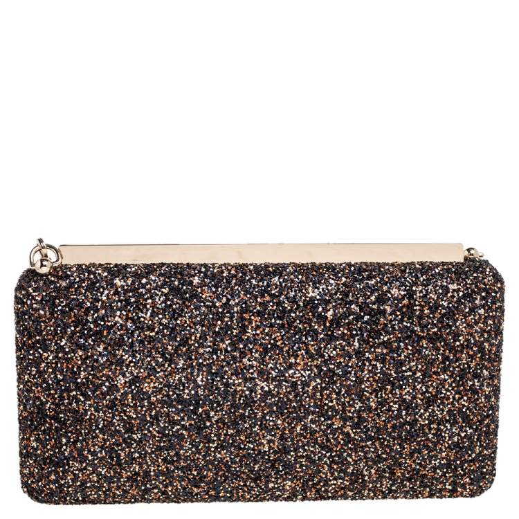 مملوكة مسبقًا Jimmy Choo Gold/Black Coarse Glitter Ellipse Chain Clutch 