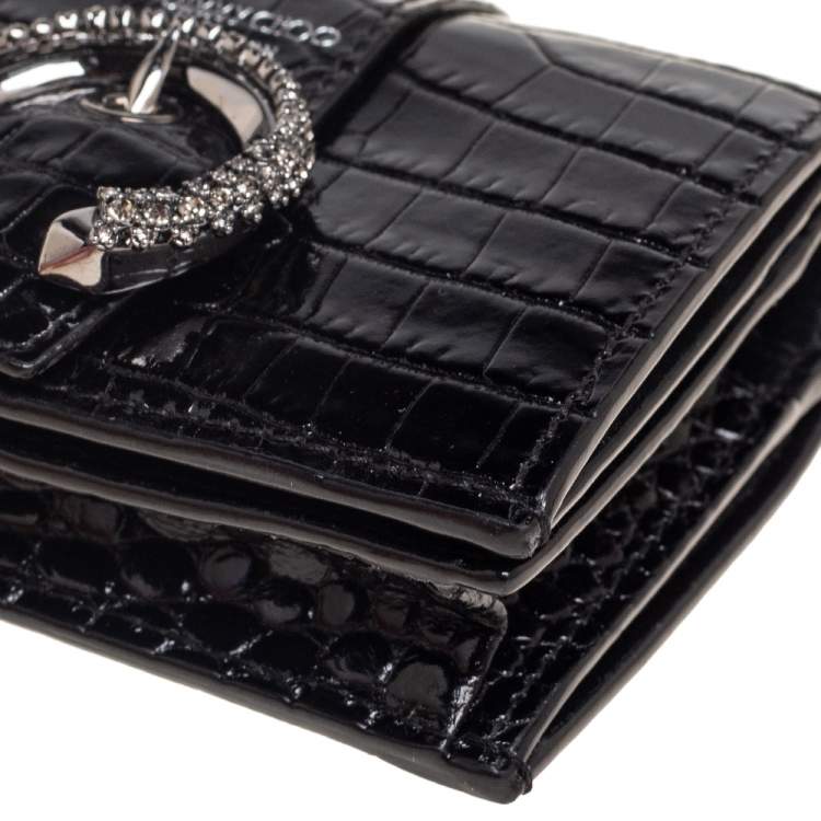 Pre Owned Jimmy Choo Black Croc Embossed Leather Hanne Crystals Compact Wallet