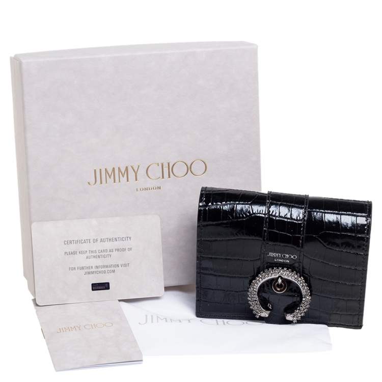 Pre Owned Jimmy Choo Black Croc Embossed Leather Hanne Crystals Compact Wallet