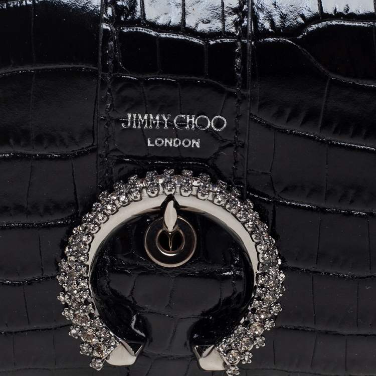 Pre Owned Jimmy Choo Black Croc Embossed Leather Hanne Crystals Compact Wallet