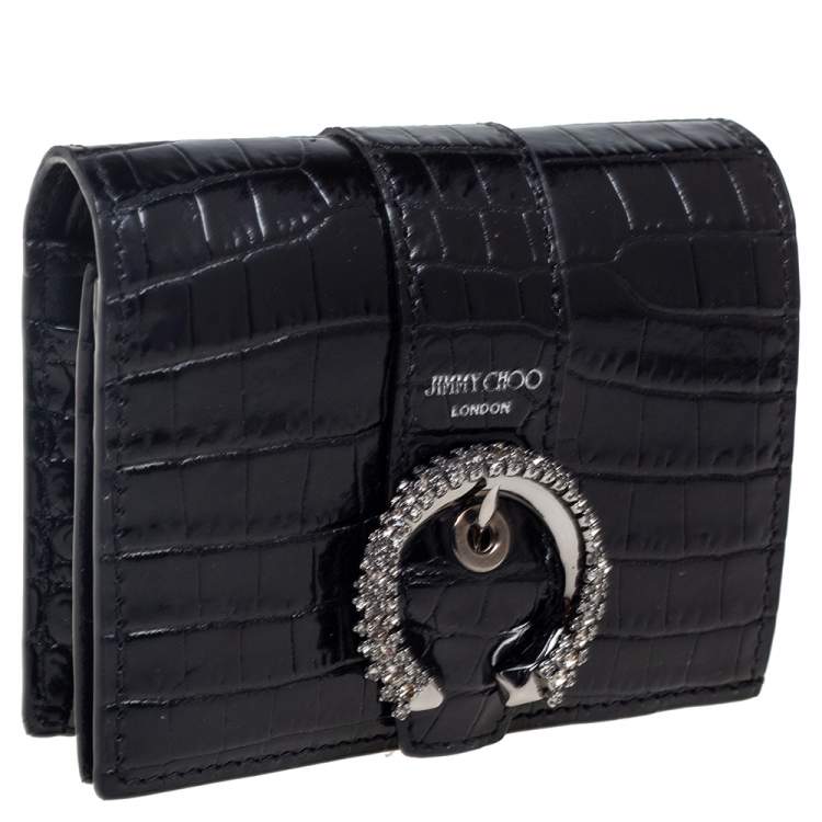Pre Owned Jimmy Choo Black Croc Embossed Leather Hanne Crystals Compact Wallet