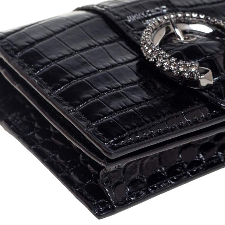 Pre Owned Jimmy Choo Black Croc Embossed Leather Hanne Crystals Compact Wallet
