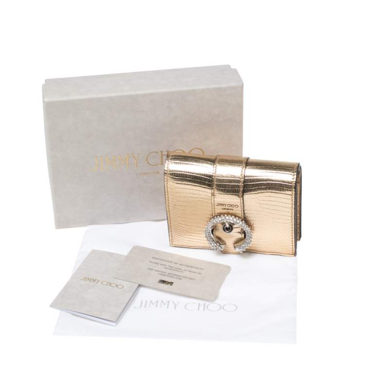 Pre Owned Jimmy Choo Gold Lizard Embossed Leather Hanne Crystals Compact Wallet