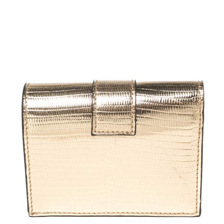 Pre Owned Jimmy Choo Gold Lizard Embossed Leather Hanne Crystals Compact Wallet