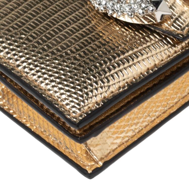 Pre Owned Jimmy Choo Gold Lizard Embossed Leather Hanne Crystals Compact Wallet