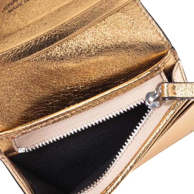 Pre Owned Jimmy Choo Gold Lizard Embossed Leather Hanne Crystals Compact Wallet