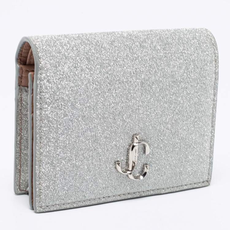 Pre Owned Jimmy Choo Silver Glitter Hanne Card Case