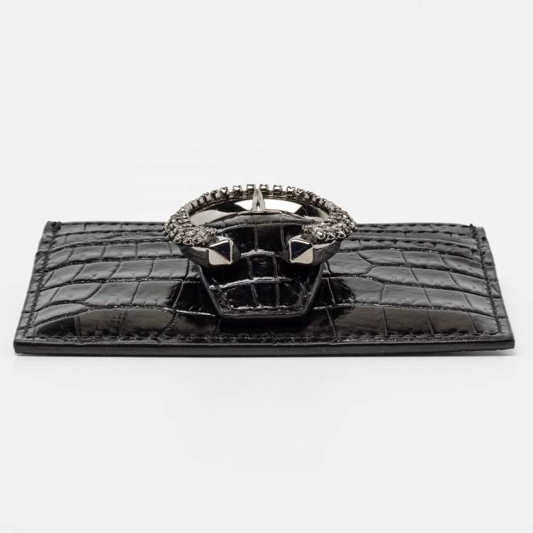 Pre Owned Jimmy Choo Black Croc Embossed Glossy Leather Oldile Crystals Card Holder 