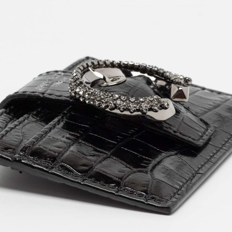 Pre Owned Jimmy Choo Black Croc Embossed Glossy Leather Oldile Crystals Card Holder 