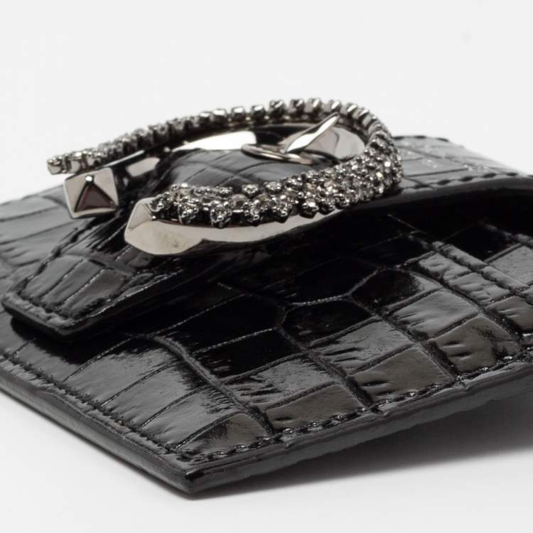 Pre Owned Jimmy Choo Black Croc Embossed Glossy Leather Oldile Crystals Card Holder 