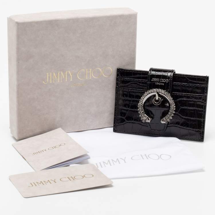 Pre Owned Jimmy Choo Black Croc Embossed Glossy Leather Oldile Crystals Card Holder 