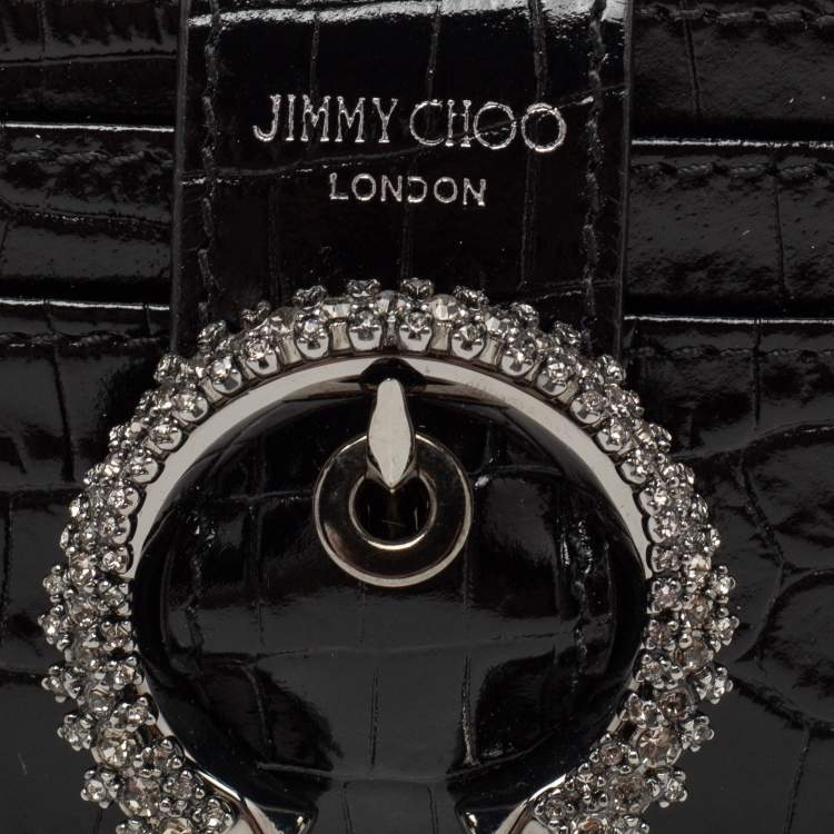 Pre Owned Jimmy Choo Black Croc Embossed Glossy Leather Oldile Crystals Card Holder 