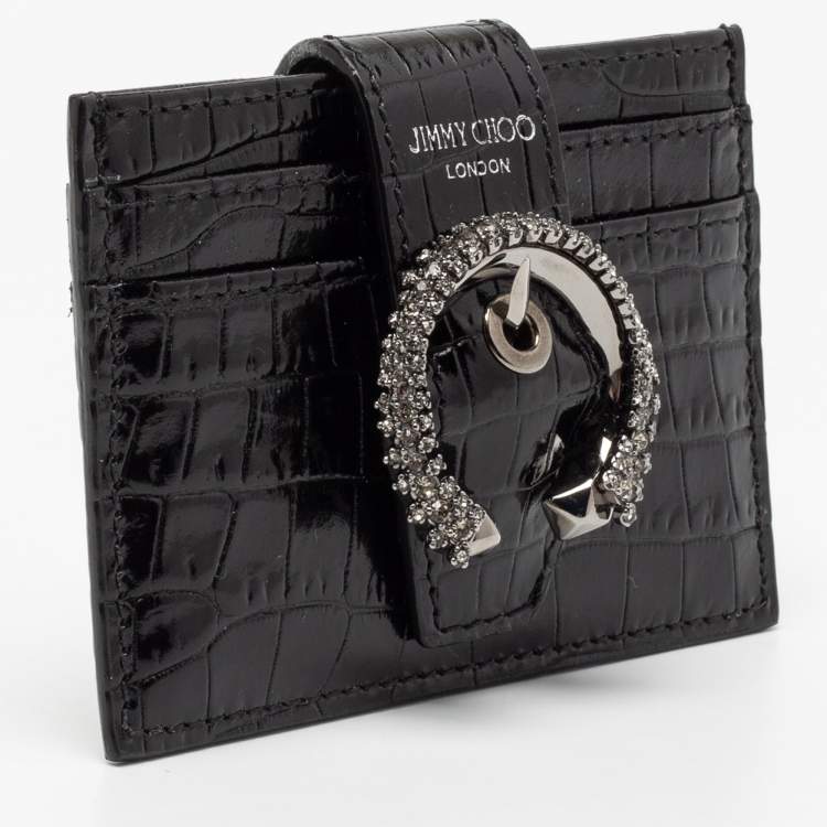 Pre Owned Jimmy Choo Black Croc Embossed Glossy Leather Oldile Crystals Card Holder 