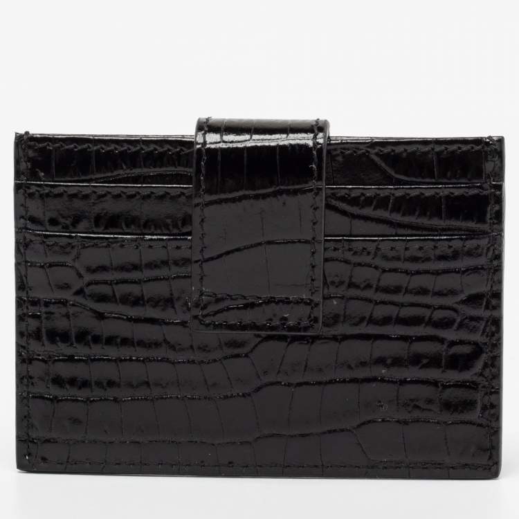 Pre Owned Jimmy Choo Black Croc Embossed Glossy Leather Oldile Crystals Card Holder 