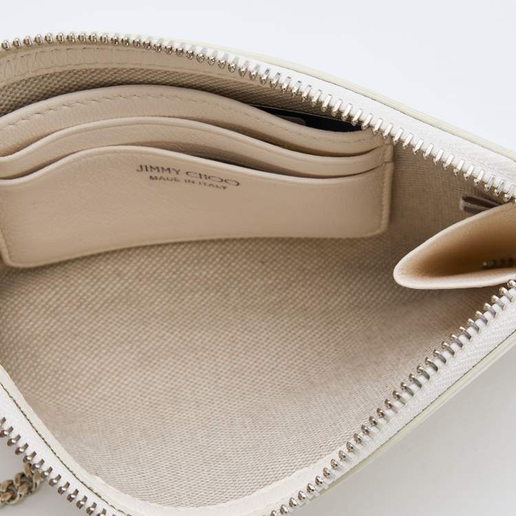 Pre Owned Jimmy Choo White Leather Embossed Logo Adelia Wallet on Strap