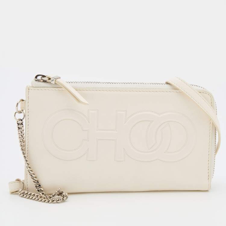 Pre Owned Jimmy Choo White Leather Embossed Logo Adelia Wallet on Strap
