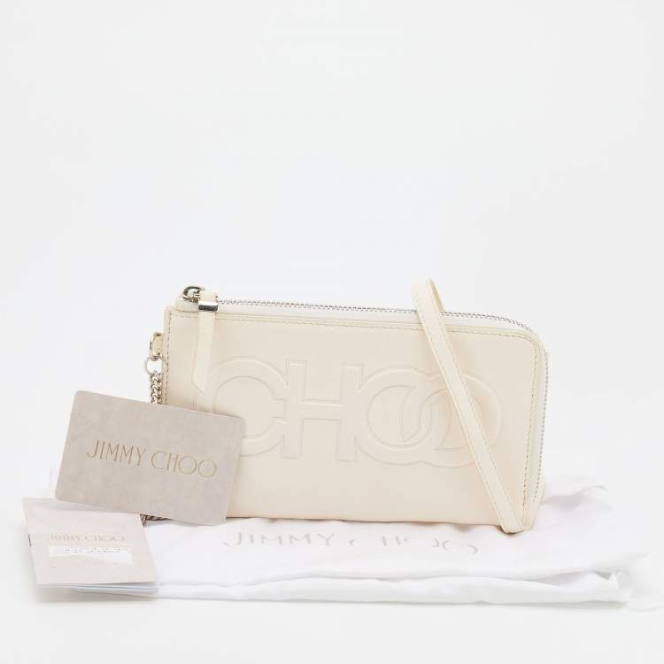 Pre Owned Jimmy Choo White Leather Embossed Logo Adelia Wallet on Strap