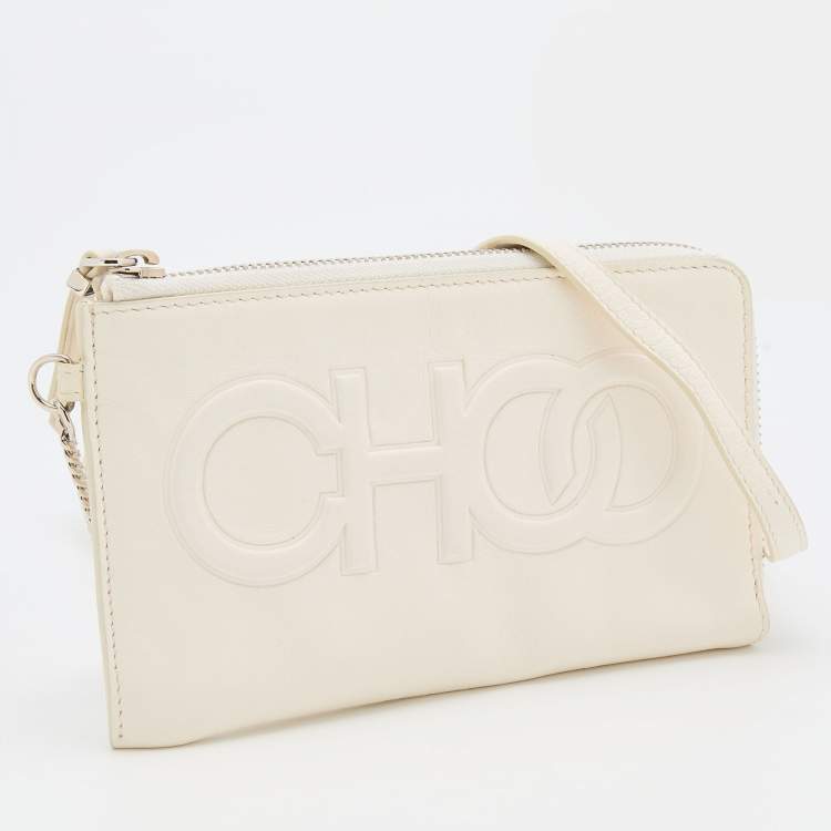 Pre Owned Jimmy Choo White Leather Embossed Logo Adelia Wallet on Strap