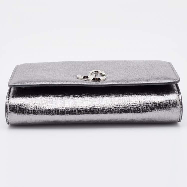 Pre Owned Jimmy Choo Metallic Silver Textured Leather Varenne Chain Clutch