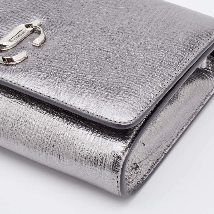 Pre Owned Jimmy Choo Metallic Silver Textured Leather Varenne Chain Clutch