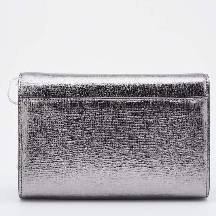 Pre Owned Jimmy Choo Metallic Silver Textured Leather Varenne Chain Clutch