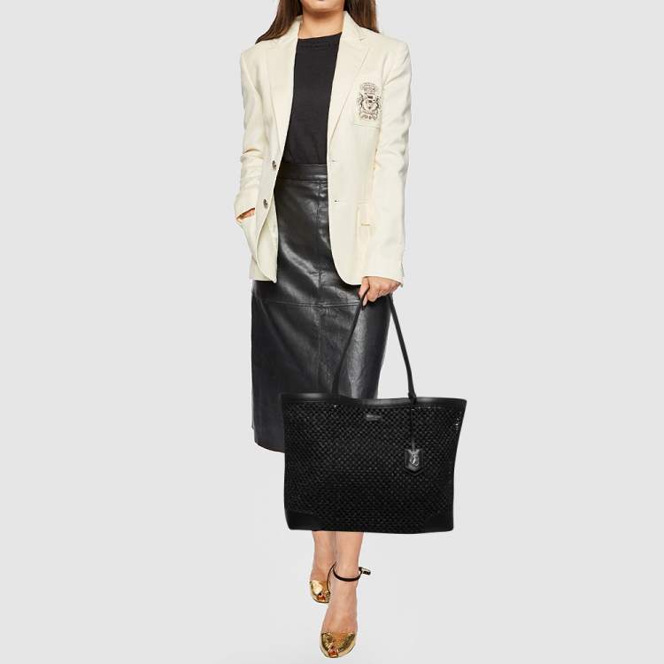 Pre Owned Jimmy Choo Black Woven Straw and Leather Nine2Five Tote