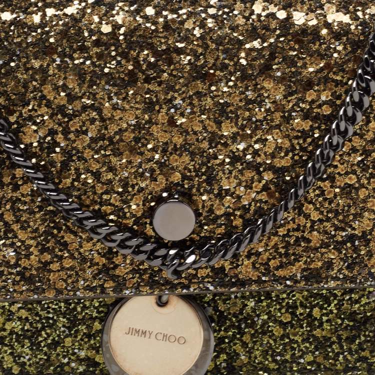 Pre Owned Jimmy Choo Metallic Olive Green Glitter Fabric Finley Shoulder Bag