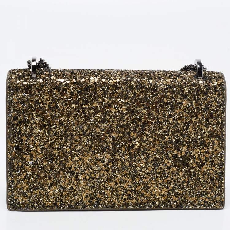 Pre Owned Jimmy Choo Metallic Olive Green Glitter Fabric Finley Shoulder Bag