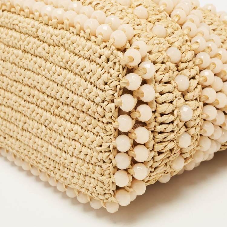 Pre Owned Jimmy Choo Natural Beaded Raffia and Leather Large Bon Bon Tote