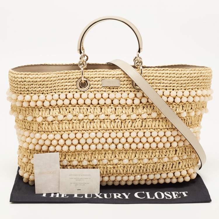 Pre Owned Jimmy Choo Natural Beaded Raffia and Leather Large Bon Bon Tote