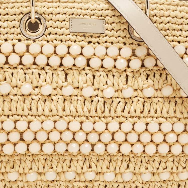 Pre Owned Jimmy Choo Natural Beaded Raffia and Leather Large Bon Bon Tote