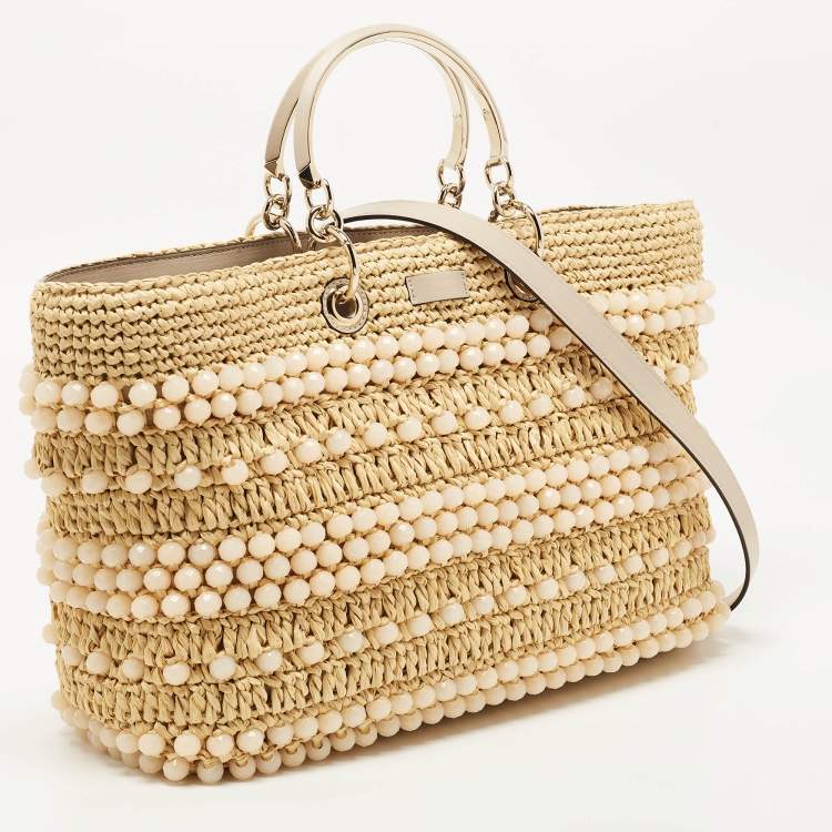 Pre Owned Jimmy Choo Natural Beaded Raffia and Leather Large Bon Bon Tote