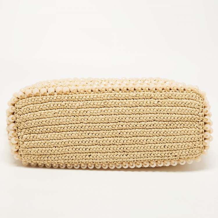 Pre Owned Jimmy Choo Natural Beaded Raffia and Leather Large Bon Bon Tote