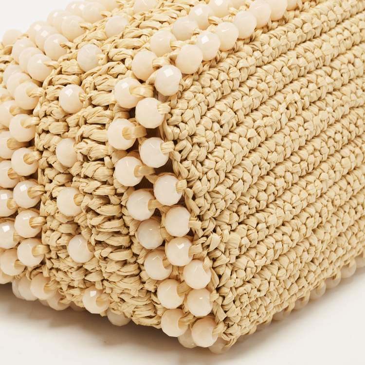 Pre Owned Jimmy Choo Natural Beaded Raffia and Leather Large Bon Bon Tote