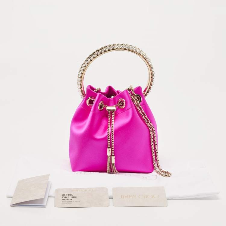 Pre Owned Jimmy Choo Fuchsia Satin Bon Bon Crystal Embellished Bucket Bag