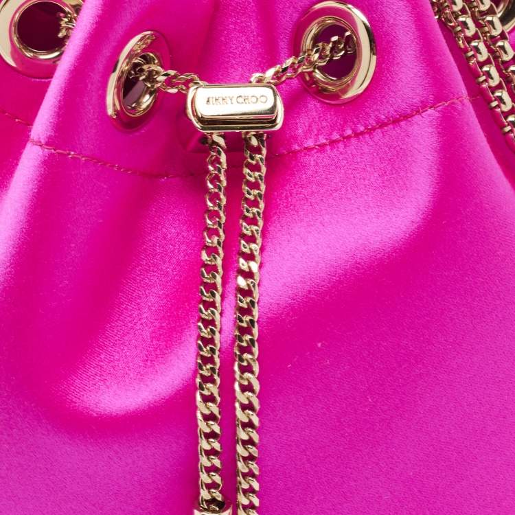 Pre Owned Jimmy Choo Fuchsia Satin Bon Bon Crystal Embellished Bucket Bag