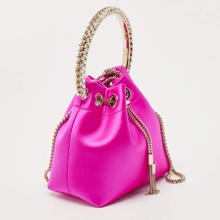 Pre Owned Jimmy Choo Fuchsia Satin Bon Bon Crystal Embellished Bucket Bag
