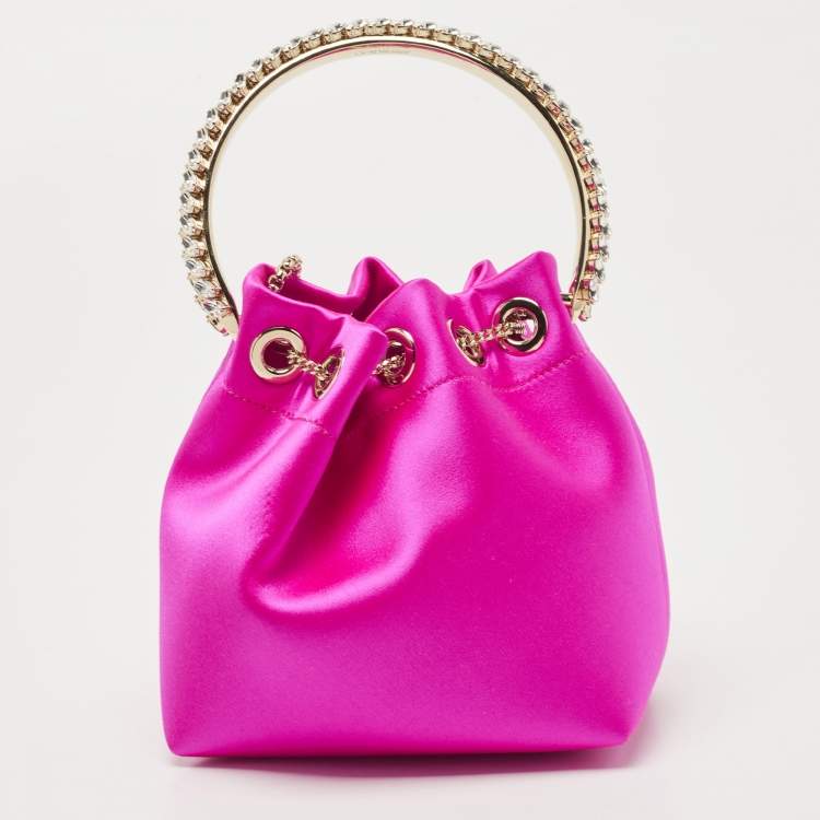 Pre Owned Jimmy Choo Fuchsia Satin Bon Bon Crystal Embellished Bucket Bag