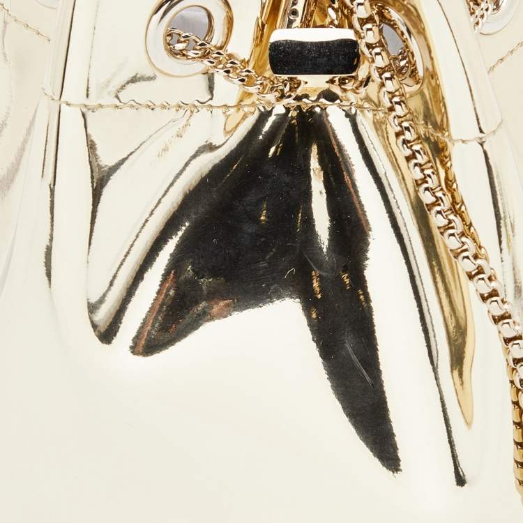 Pre Owned Jimmy Choo Gold Laminated Leather Bon Bon Crystal Embellished Bucket Bag