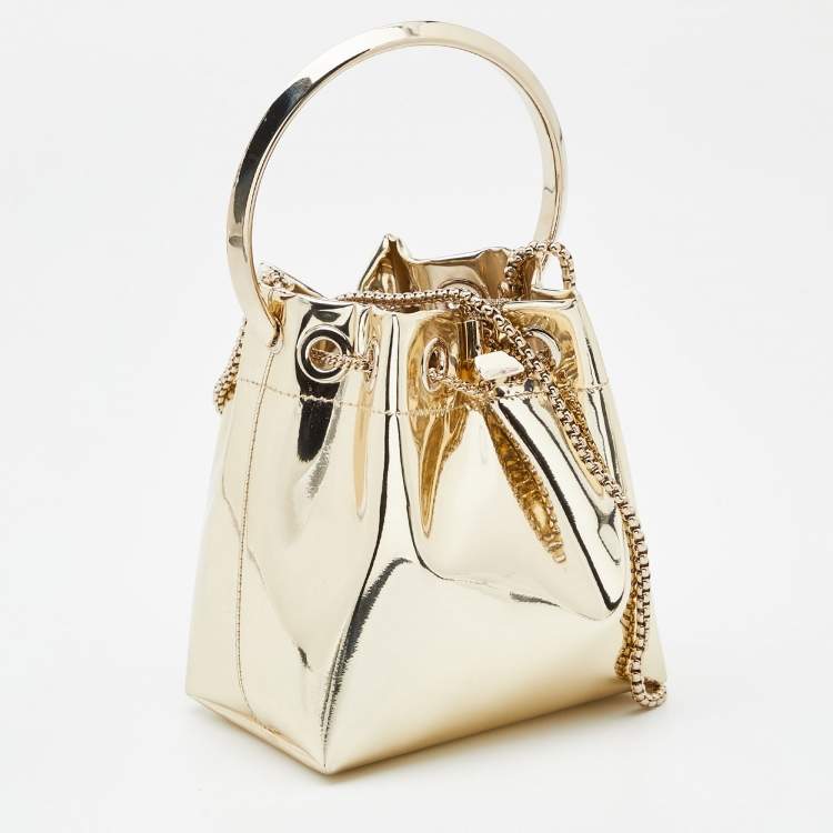 Pre Owned Jimmy Choo Gold Laminated Leather Bon Bon Crystal Embellished Bucket Bag