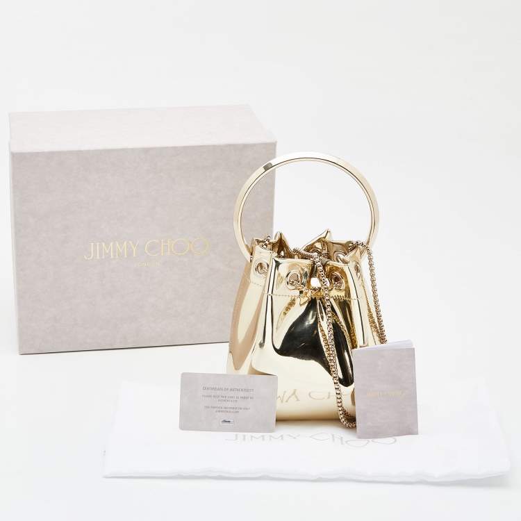Pre Owned Jimmy Choo Gold Laminated Leather Bon Bon Crystal Embellished Bucket Bag